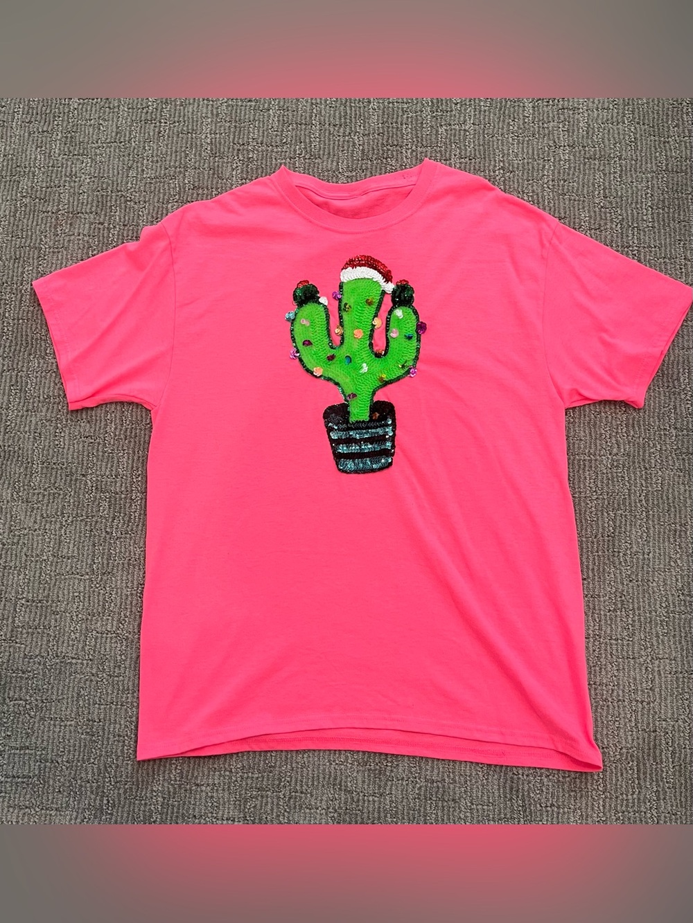 Women’s Hot Pink Short Sleeve Tee with Sequin Cactus